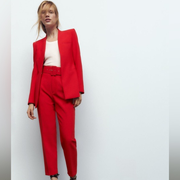 Zara Pants - NWT Zara M business SUIT SET RED lapelless BLAZER+PANTS